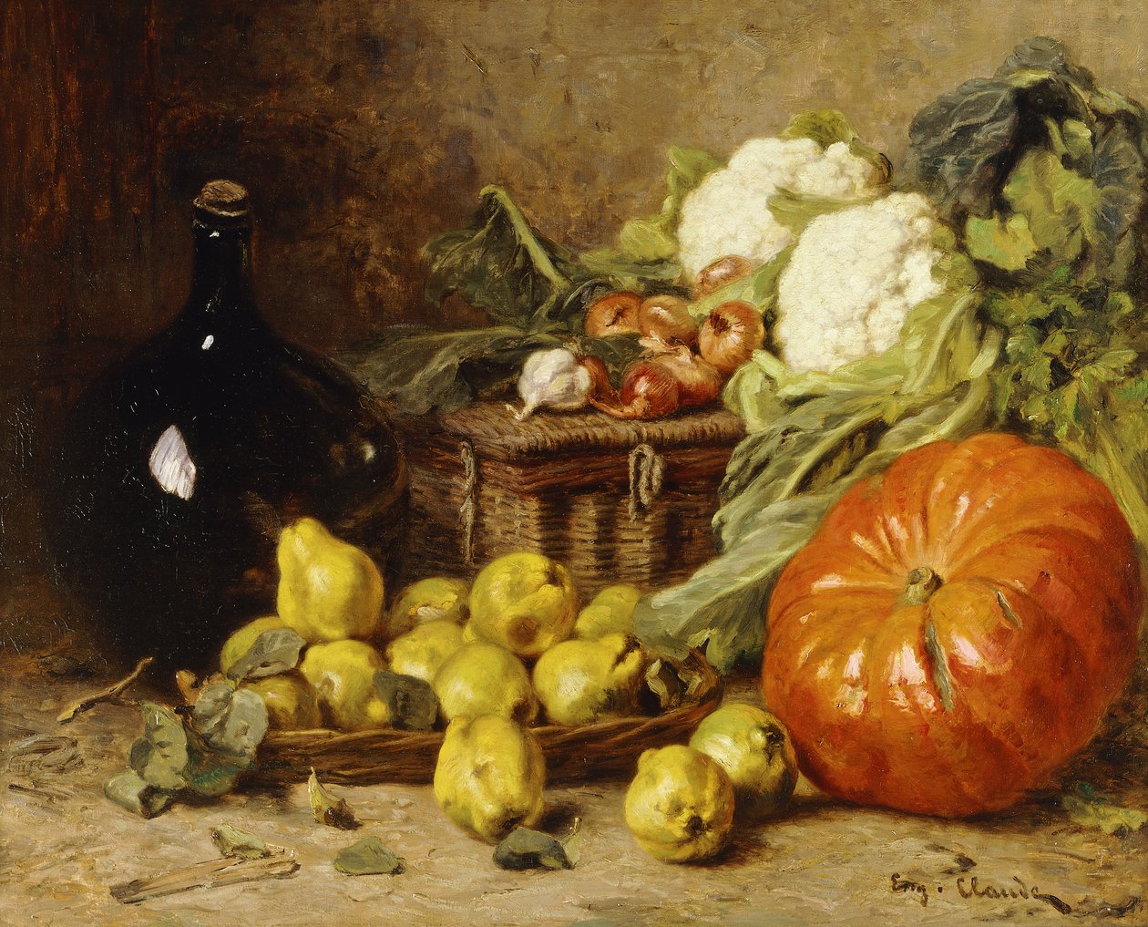Csendélet borzászlóval, kosárral, körtével, hagymával, karfiollal, káposztával, fokhagymával és sütőtökkel, alkotó: Eugene Claude