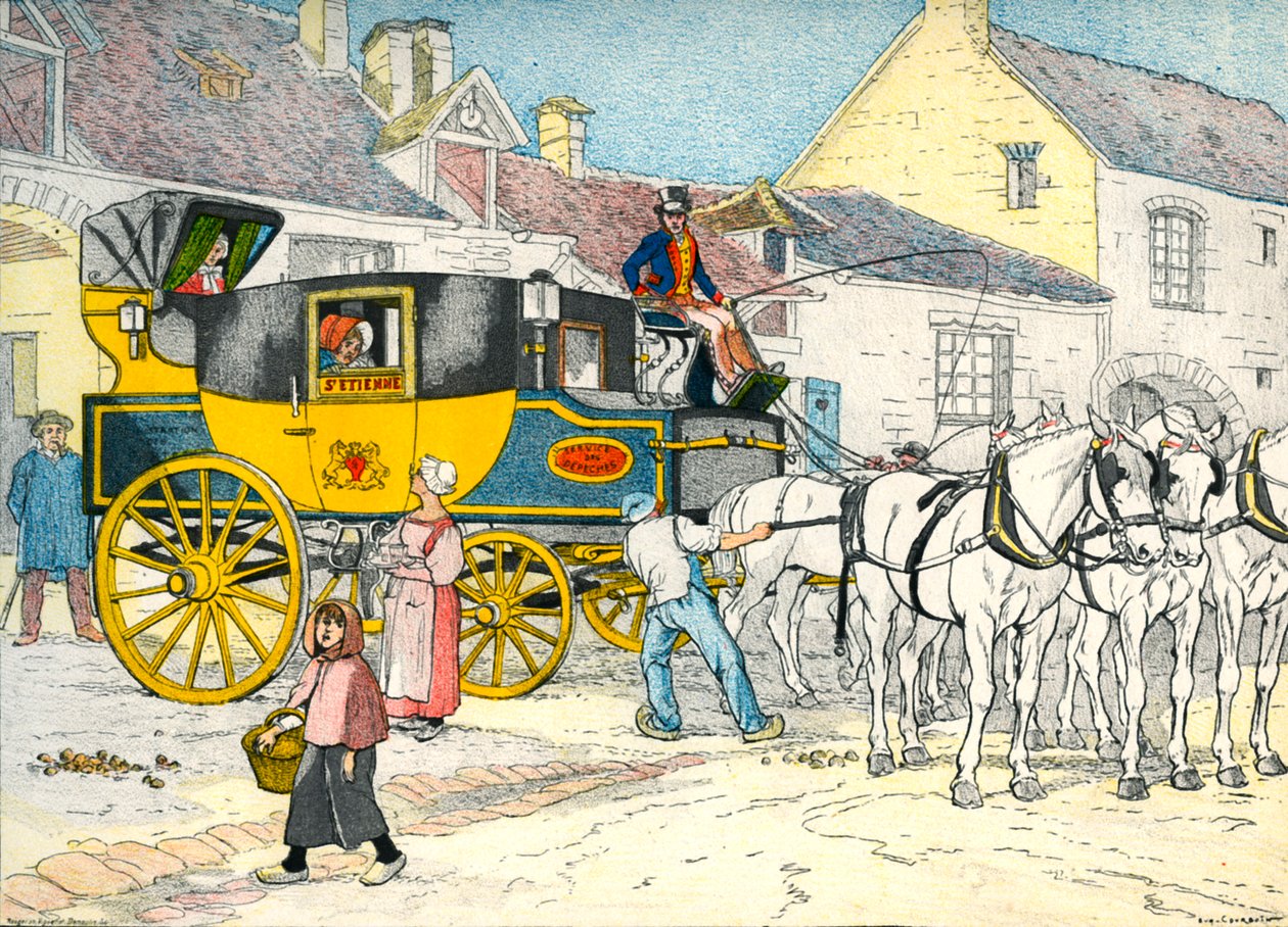 Postakocsi egy kocsiszínben 1840-ben alkotó: Eugene Courboin