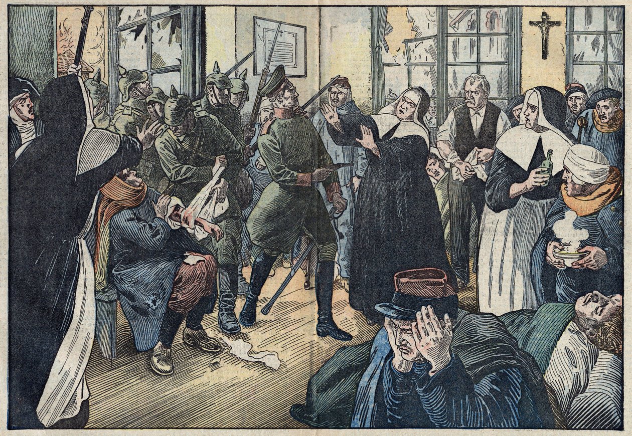 1914, első világháború: Amelie Rigard, akit Julie nővérként ismernek, megvédi kórháza sebesültjeit a német katonák ellen. Gerbeviller, Meurthe és Moselle (54). Damblans illusztráció. A május 17-i „” Le Pelerin”-ben alkotó: Eugene Damblans