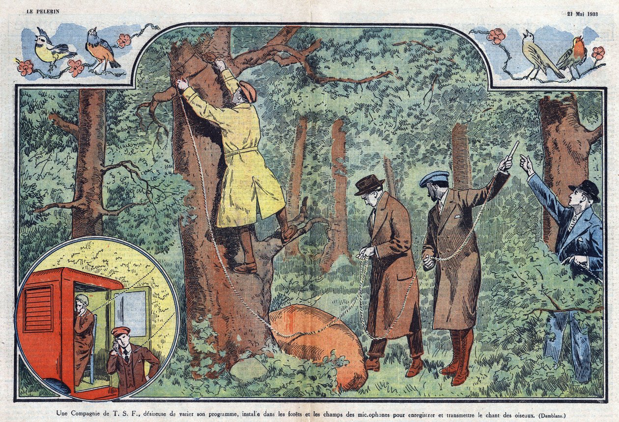 Egy T.S.F. cég mikrofonokat telepít az erdőkbe és a mezőkbe, hogy rögzítse és továbbítsa a madarak énekét. Damblans illusztrációja az 1933. május 21-i „” Le Pelerin”-ben. alkotó: Eugene Damblans
