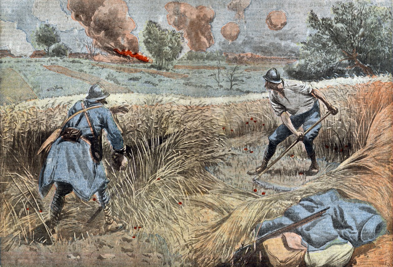 Egy francia tüzér kasza a búzát, hogy megölje a németeket, Damblans rajza a "Le Pelerin" című francia lapból június 30. alkotó: Eugene Damblans