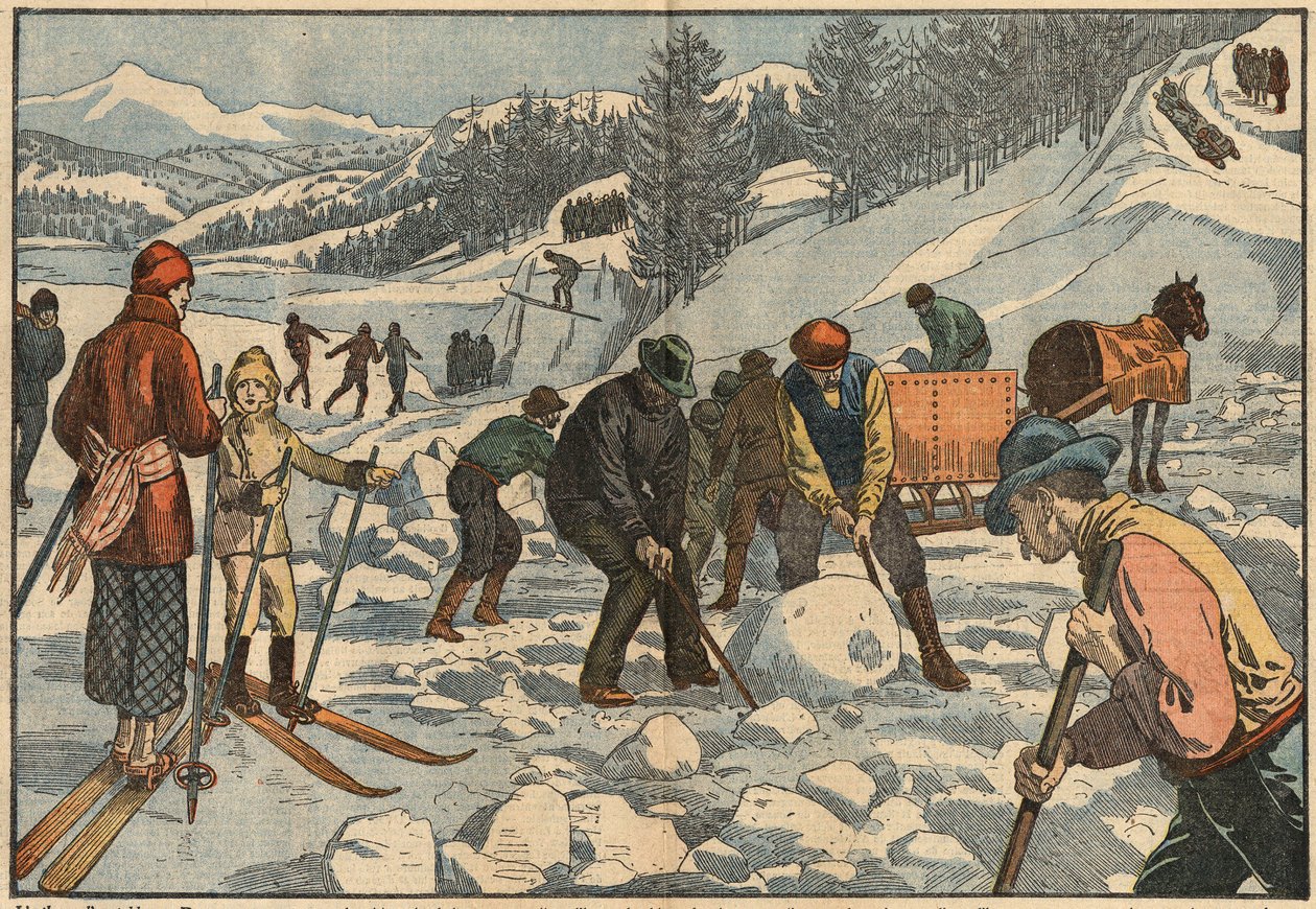 Az alpesi lakosok télen jégtömböket gyűjtenek a nyárra. A háttérben férfiak téli sportokat űznek. Damblans illusztráció. A december 18-i „” Le Pelerin”-ben alkotó: Eugene Damblans