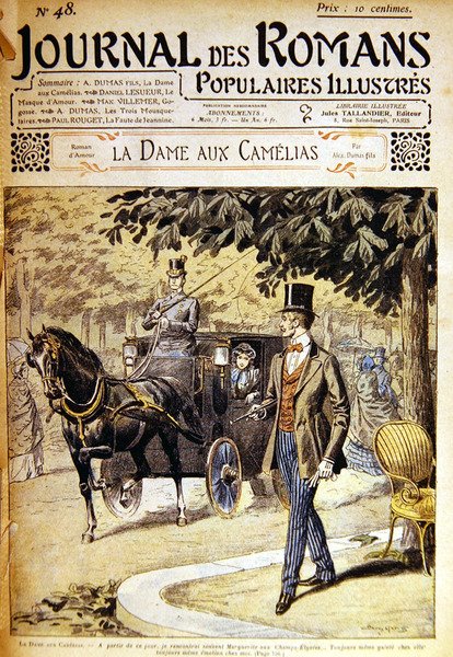 Armand találkozik Marguerite-tel a Champs-Elysées-n, A. Dumas fils "La Dame aux Camelias" című művének illusztrációja a "Journal des Romans"-ban. alkotó: Eugene Damblans