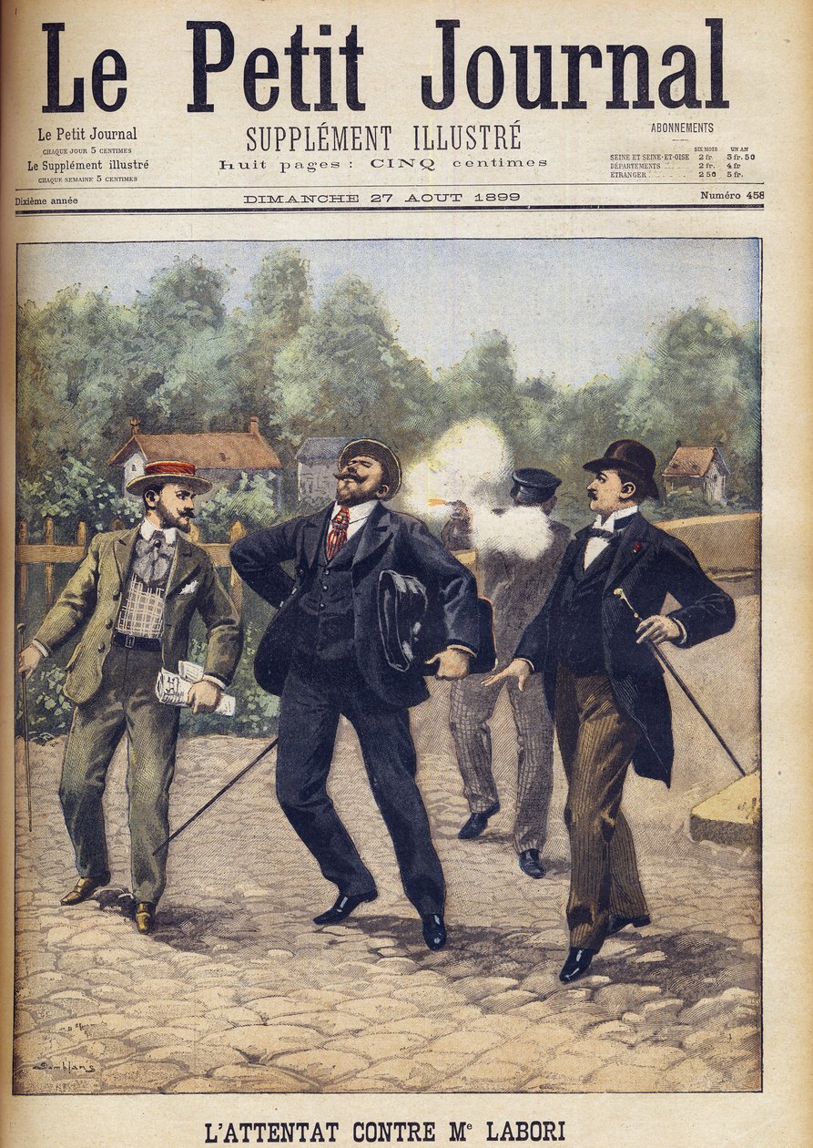 Merényletkísérlet Fernand Labori ellen, aki Alfred Dreyfus egyik ügyvédje védte a második hadbírósági tárgyalásán Rennes-ben, a Le Petit Journal 1899. augusztusában. alkotó: Eugene Damblans