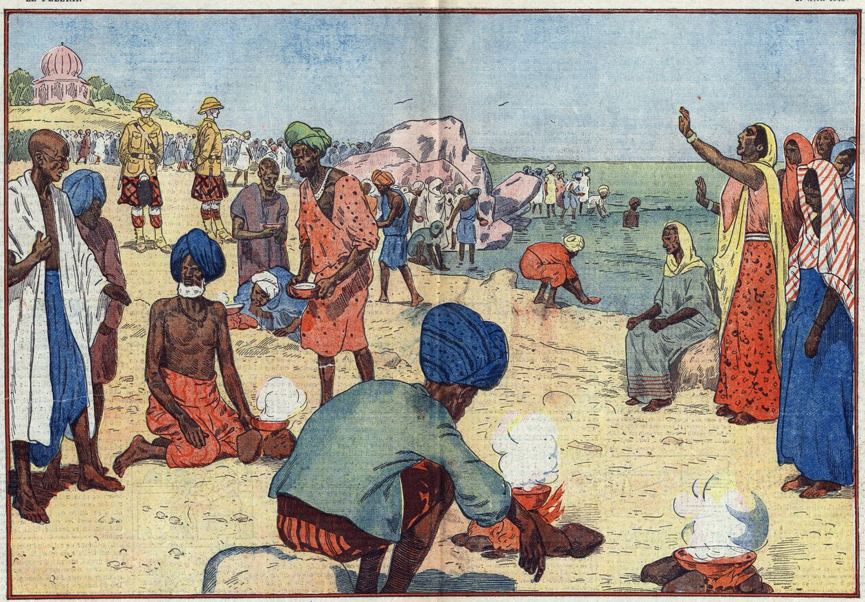 Polgári engedetlenségi hét Indiában a Brit Birodalom ellen: Bombay Beachen Gandhi (1869-1948) és hívei a Gabelle-törvényt megsértve tengervizet forralnak, hogy sót nyerjenek. A nők a következő kórus megismétlésével bátorítják őket: „Törd meg, szegd meg a s alkotó: Eugene Damblans
