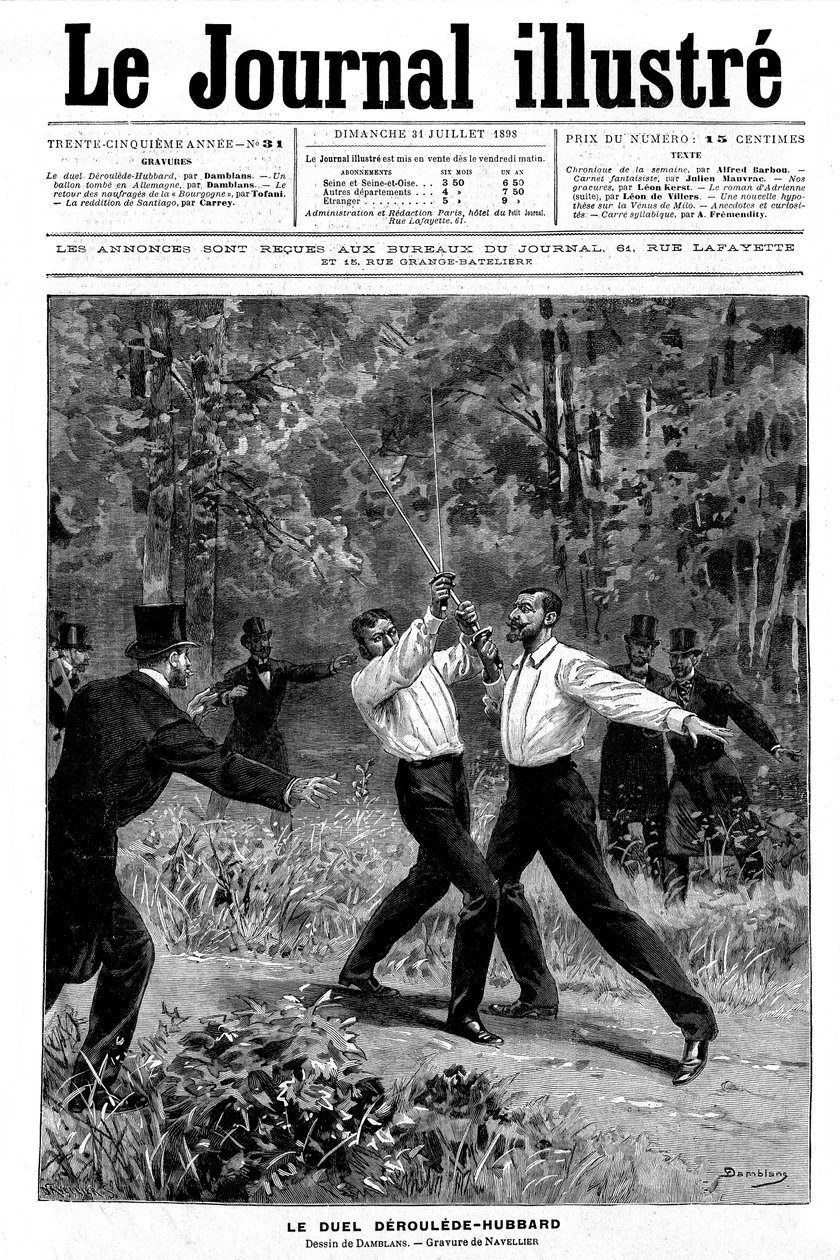 Damblans gravírozása a Journal Illustrous N¡ 31 1898. július 31-i „egyikén”: kardpárbaj Paul Deroulede (1846-1914) és Gustave Hubbard (1858-1927) között – a szemtanúk közbeléptek – alkotó: Eugene Damblans