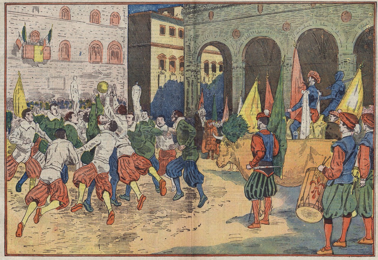Firenze, Olaszország: a Place de la Seigneurie-n a „calcio”, a 15. századi futball egy részét korabeli jelmezben alakították át. Egy marhahúst ajánlottak fel a győztes csapatnak. Damblans illusztráció. A június 8-i „Le Pelerin”-ben alkotó: Eugene Damblans