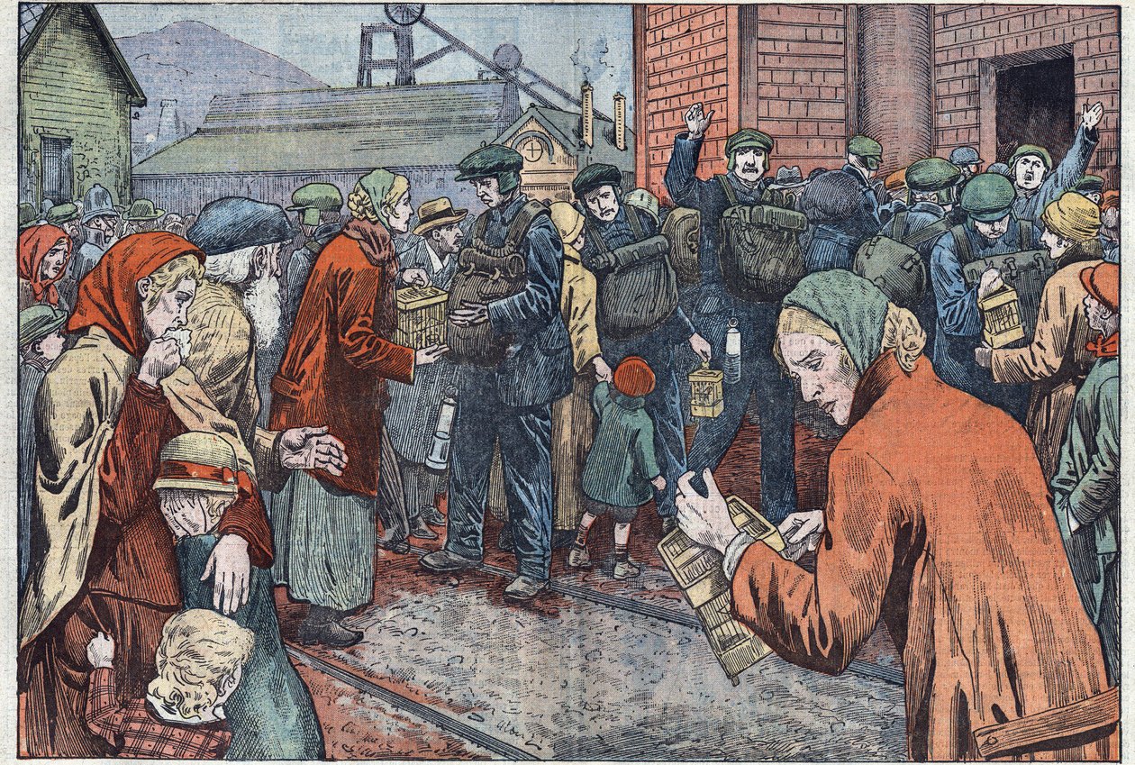 A Cwn bányában (Wales) történt robbanást követően a bányászasszonyok elhozták kanárikjukat, hogy megmentsék a tűzcsapot. Damblans illusztráció. A március 20-i „” Le Pelerin”-ben alkotó: Eugene Damblans