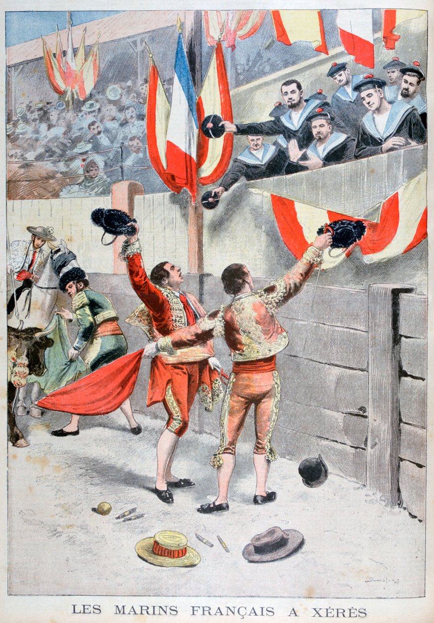 Francia tengerészek bikaviadalt néznek, Xeres, Spanyolország, 1899 alkotó: Eugene Damblans