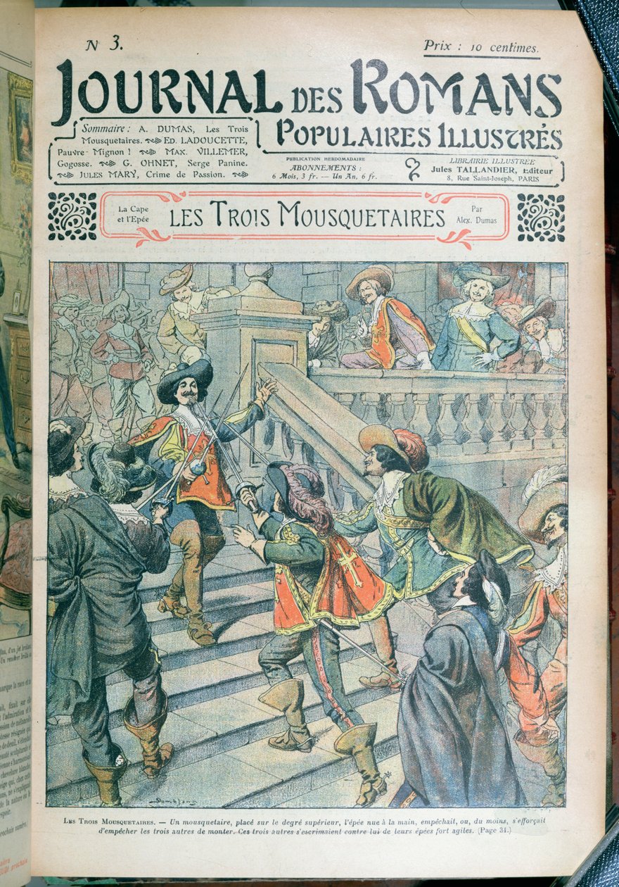 Alexandre Dumas pere (1803-70) A három testőr című sorozatának első borítója a Journal des Romans Populaires Illustres-ből, 1905 alkotó: Eugene Damblans