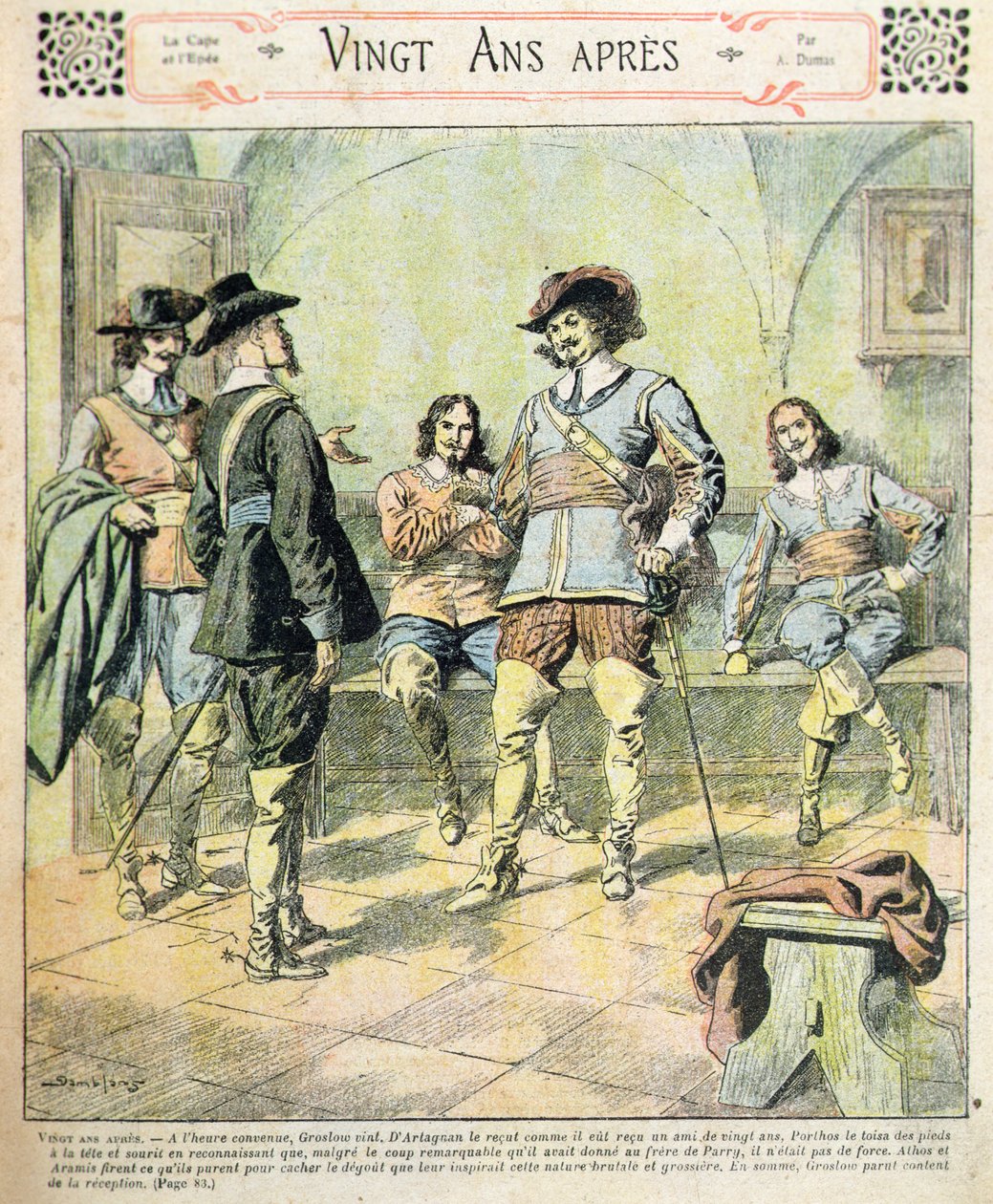 Alexandre Dumas pere (1803-70) „Vingt Ans Apres” című sorozatának első borítója a „Journal des Romans Populaires Illustres”-ből, 1900 körül (színes litó) alkotó: Eugene Damblans