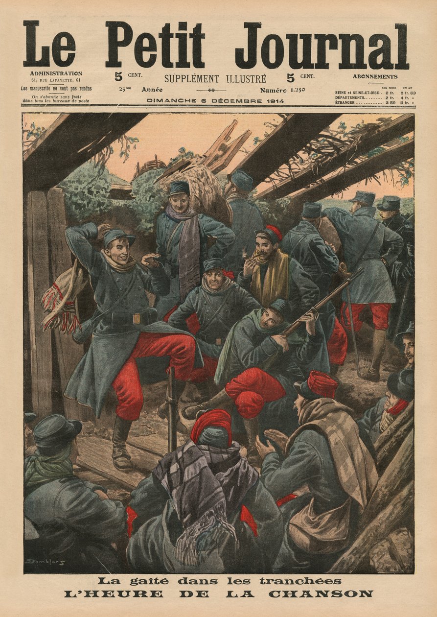 Boldog buli a lövészárkokban, Song Time, előlapi illusztráció a „Le Petit Journal”-ból, melléklet ábra, 1914. december 6 alkotó: Eugene Damblans