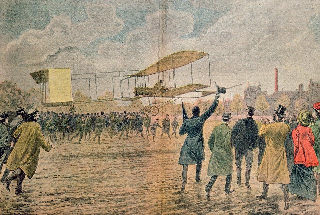 Henri Farman (1874-1958) Issy-les-Moulineaux-ban a Voisin-Farman 1-es gépén, illusztráció a „Le Pelerin” 1907. novemberéből alkotó: Eugene Damblans