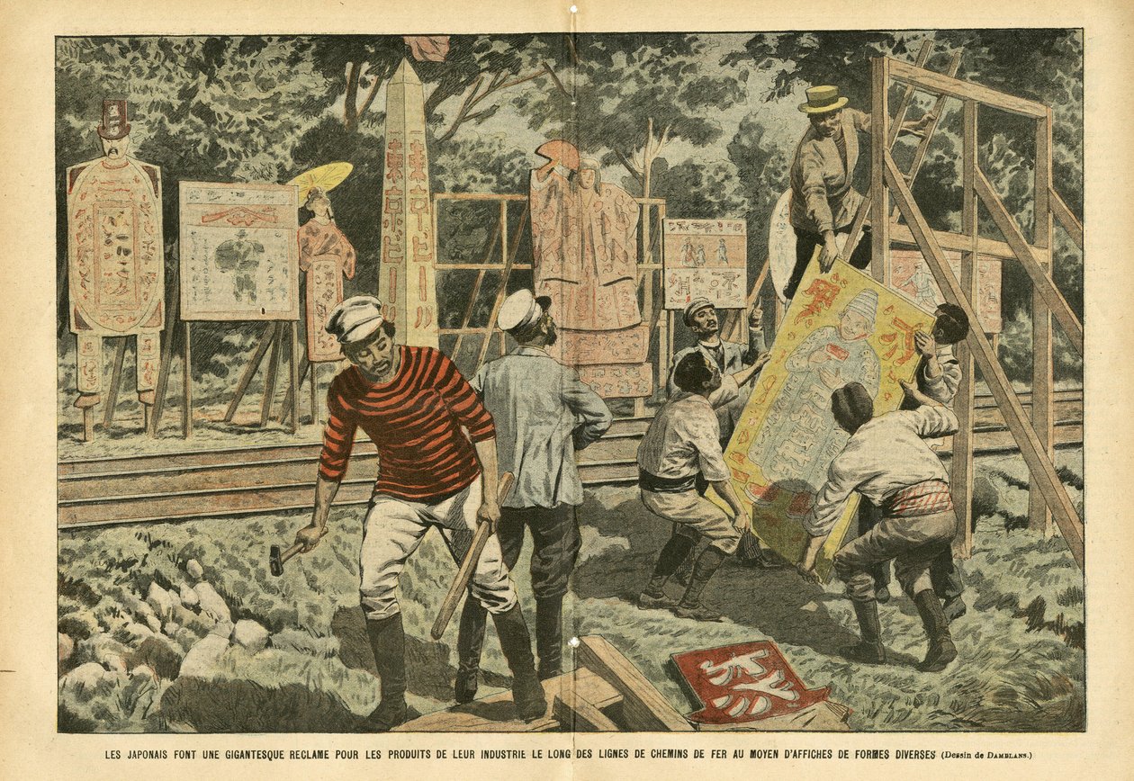 Illusztráció: Eugene Damblans (1865-1945) Le Pelerinben, 03.09.05 - A japánok óriási igényt támasztanak iparágaik termékeire a vasútvonalak mentén különböző formájú plakátokkal - Reklám, Japán, Vasúti vonat, Plakátok Plakátok alkotó: Eugene Damblans