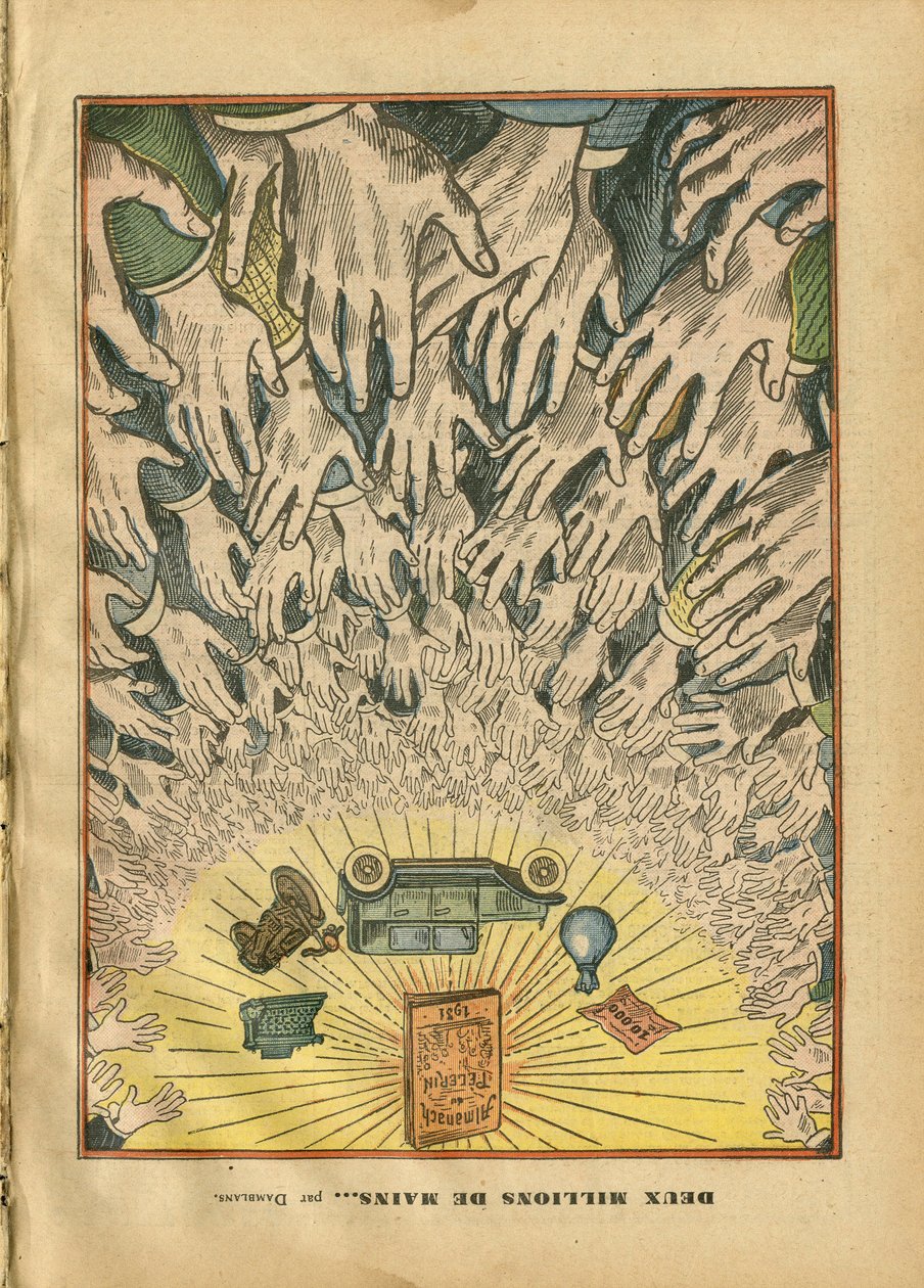 Illusztráció: Eugene Damblans (1865-1945) Le Pelerinben, 09.28. 30 - Kétmillió kéz - Sajtó/média, Autó, Valláshit, Pelerin (Almanach), Katolikus Katolicizmus - Főoldal alkotó: Eugene Damblans