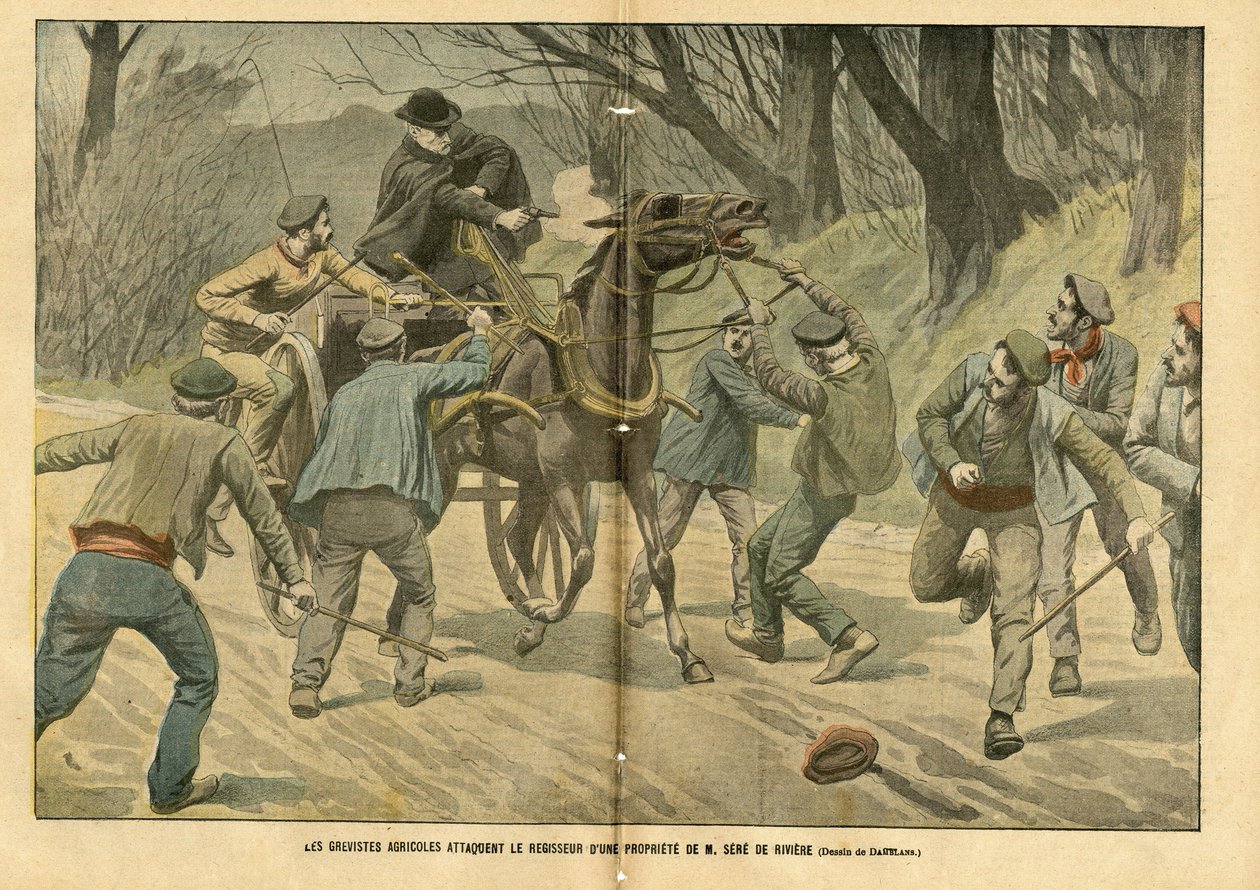 Illusztráció: Eugene Damblans (1865-1945) a Le Pelerinben, 04.01.31. - Mezőgazdasági grevisták megtámadják M. Sere de Riviere ingatlanának regisztrátorát - Társadalmi, Különféle tények, Greve, Közlekedés, Mezőgazdaság, Erdő, Caleche Fiacre Cab - Munkás, lo alkotó: Eugene Damblans