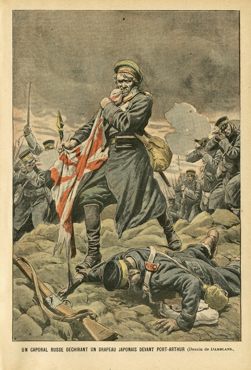 Illusztráció Eugene Damblansról (1865-1945) a Le Pelerinben, 05.01.01 - Egy orosz tizedes, aki japán zászlót tép a Port Arthur előtt - Oroszország, Japán, Port Arthur, orosz-japán háború, harcok, puskák - katonák, Tizedes alkotó: Eugene Damblans