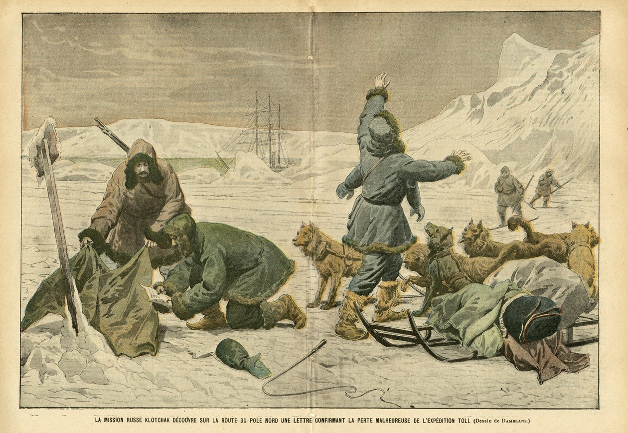 Eugene Damblans (1865-1945) illusztrációja a Le Pelerinben, 2005.02.04. – A Klotchak orosz misszió az északi sarkú úton egy levelet fedez fel, amely megerősíti a Toll – Északi és Déli-sark, sarki expedíciók, jég, expedíció szerencsétlen elvesztését. Szánkó alkotó: Eugene Damblans