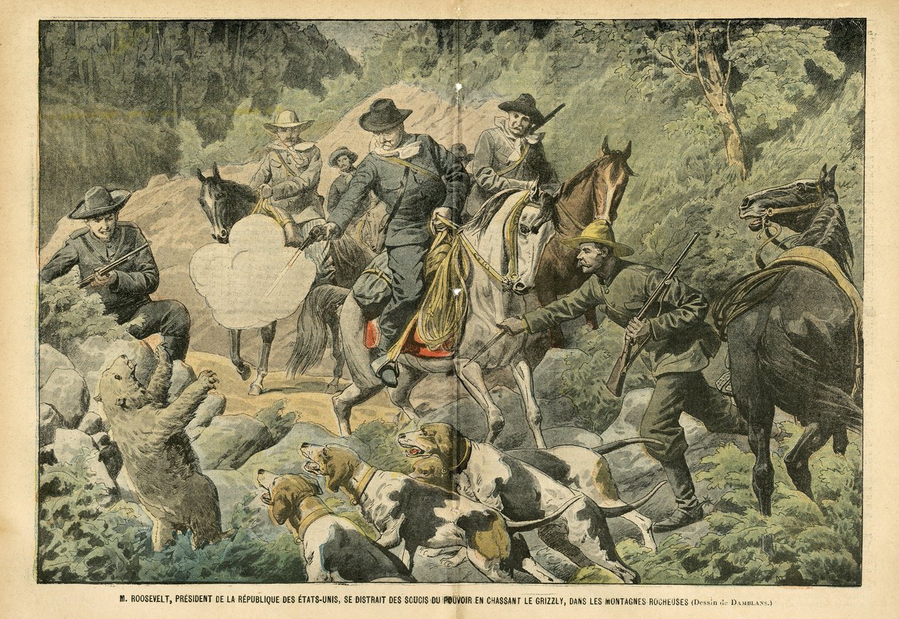 Eugene Damblans (1865-1945) illusztrációja a Le Pelerinben, 05.02.07 - Roosevelt, az Egyesült Államok elnöke, aki elterelte a figyelmét a hatalom aggályairól grizzly medvékre vadászva a sziklás hegyekben - Amerika Egyesült Államok, Vadászat USA, Sziklás-he alkotó: Eugene Damblans