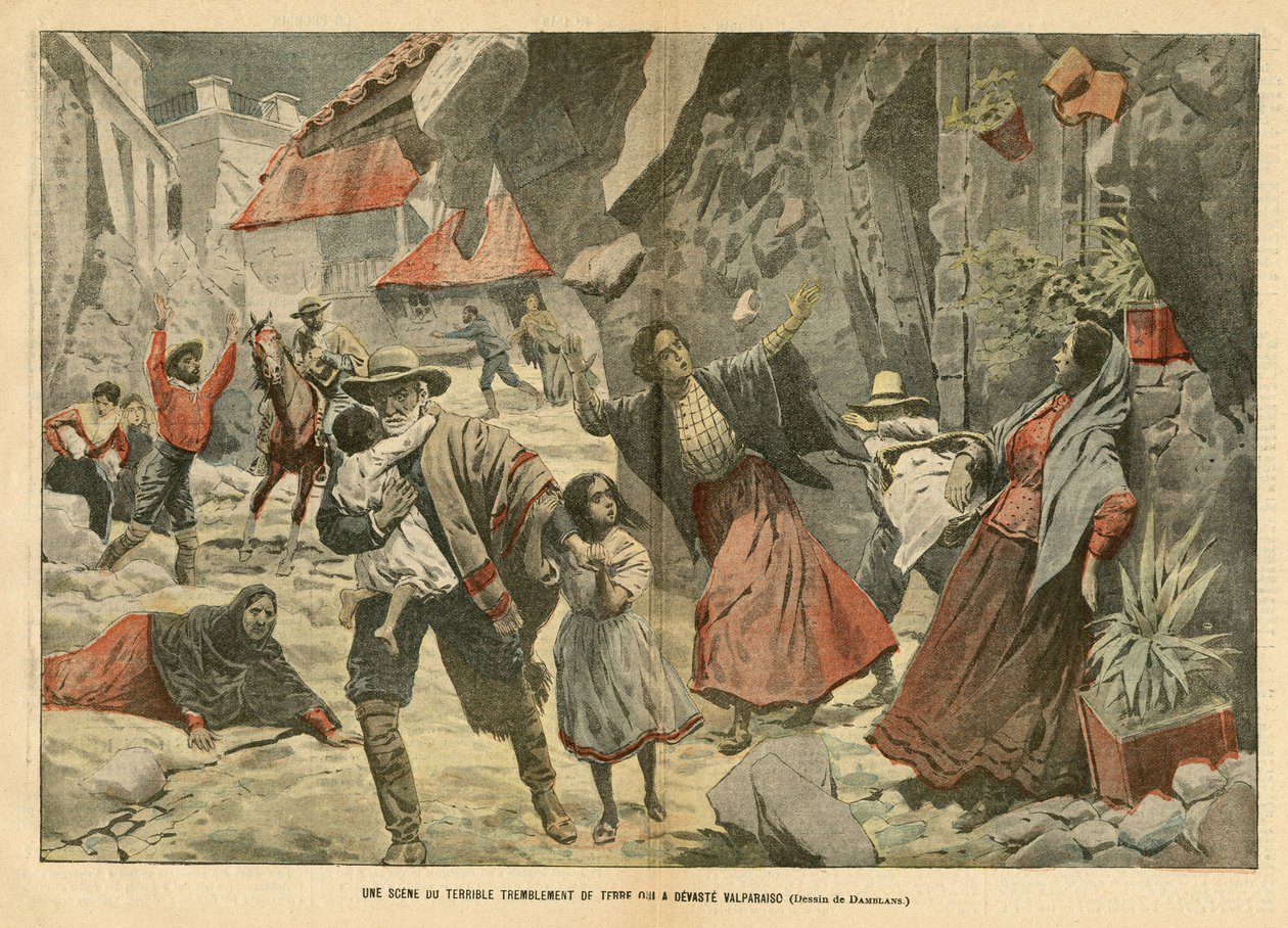 Eugene Damblans (1865-1945) illusztrációja a Le Pelerinben, 2006.02.09. - A szörnyű földrengés jelenete - Különféle tények, Latin-Amerika, Földrengés, Chile, Valpariso alkotó: Eugene Damblans