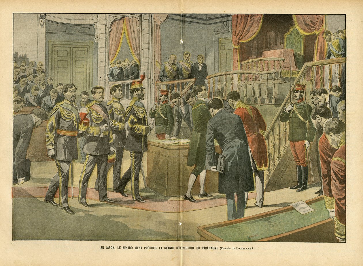 Eugene Damblans (1865-1945) illusztrációja a Le Pelerinben, 04.03. - Japánban Mikado elnököl a parlament nyitóülésén - Japán, Képviselőház ülésterme, Mikado, belső építészet - Mikado alkotó: Eugene Damblans