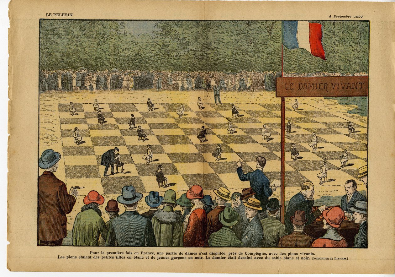 Eugene Damblans (1865-1945) illusztrációja a Le Pelerinben, 04/09/27 - Először Franciaországban női játék... Élő sakktábla - Játék, hobbik, tömeg, dáma alkotó: Eugene Damblans