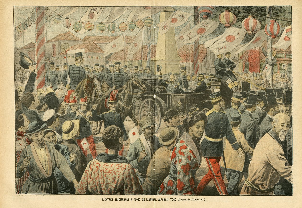 Eugene Damblans (1865-1945) illusztrációja a Le Pelerinben, 05.11.05 - A japán Togo admirális diadalmas bejárata Tokióba - Armee, Japán, tömeg, Tokió - Admiral Admirals, Togo Heihachiro (1848-1934), civilek alkotó: Eugene Damblans