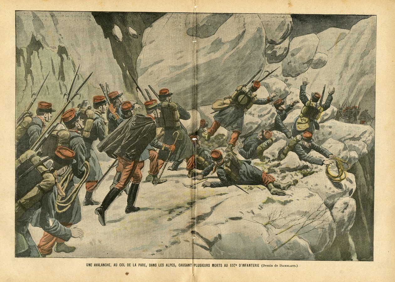 Illusztráció Eugene Damblansról (1865-1945) a Le Pelerinben, 04.03.06 - Lavina a Pare-hágónál, az Alpokban, több halálesetet okozva a gyalogság 157. számánál - Különféle tények, Armee, hegymászás, gyalogság , Alpok, Lavina - Katona alkotó: Eugene Damblans