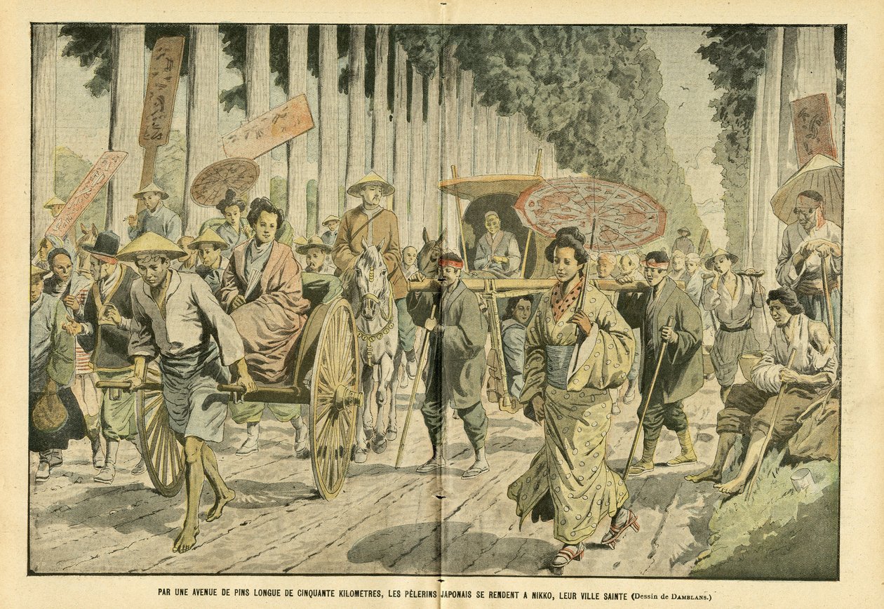 Eugene Damblans (1865-1945) illusztrációja a Le Pelerinben, 2005.04.09 - Egy ötven kilométer hosszú fenyves sugárúton a japán pelerinek Nikkóba, a szent városukba mennek - Valláshit, Japán, divat, fa, Nikko - Pelerinages alkotó: Eugene Damblans