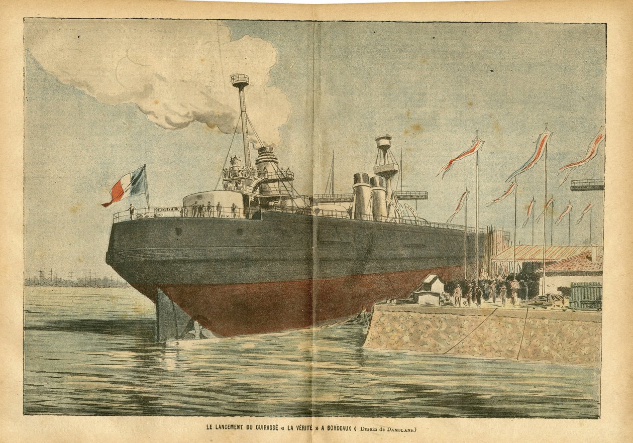 Illusztráció Eugene Damblansról (1865-1945) a Le Pelerinben, 09/06/07 - A "" La Verite" mellvért felbocsátása Bordeaux-ban - Marine Marine Nautique Balneaire, Port, Bordeaux, Beiktatás, Cuirasse alkotó: Eugene Damblans