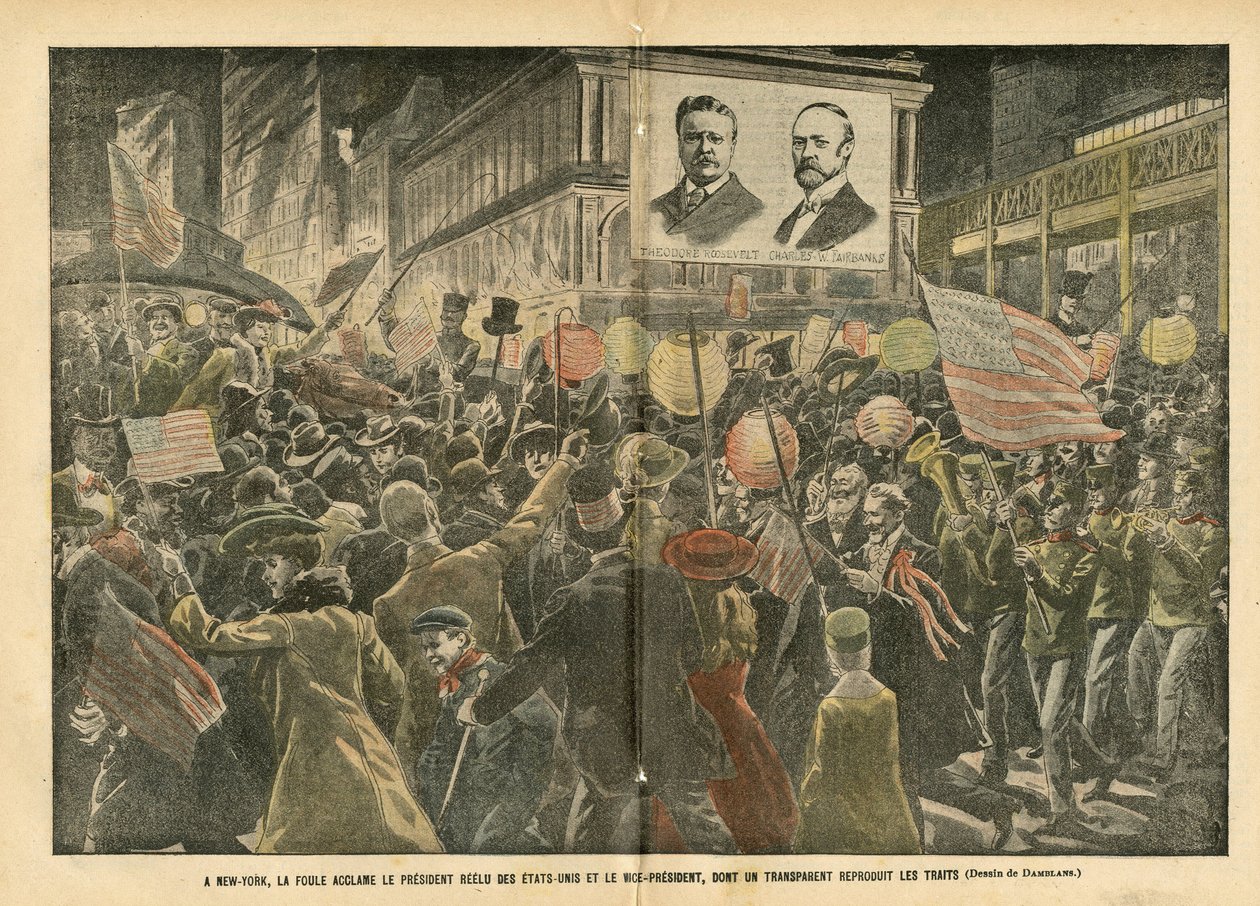 Eugene Damblans (1865-1945) illusztrációja a Le Pelerinben, 2004.11.20. - New Yorkban a tömeg ujjongja az Egyesült Államok újraválasztott elnökét és az alelnököt, akinek átlátszó képe visszaadja a jellemzőket - Amerika USA, Választások, Építészet Urbani alkotó: Eugene Damblans