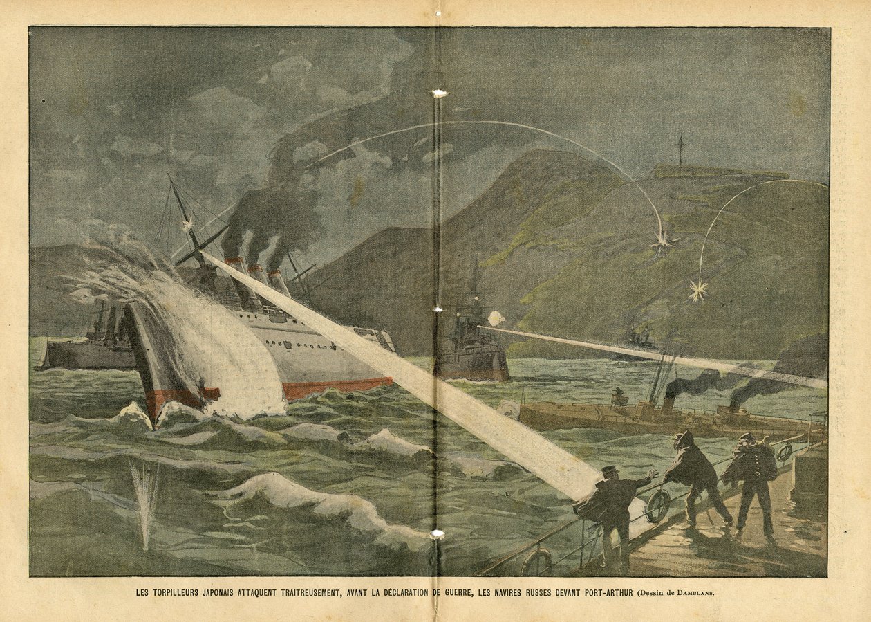 Eugene Damblans (1865-1945) illusztrációja a Le Pelerinben, 04.02.21 - Japán torpedótámadás a hadüzenet előtt a hadüzenet előtt - Oroszország, Japán, tengeri tengeri tengerpart, Port Arthur, orosz-japán háború , Hadihajók alkotó: Eugene Damblans
