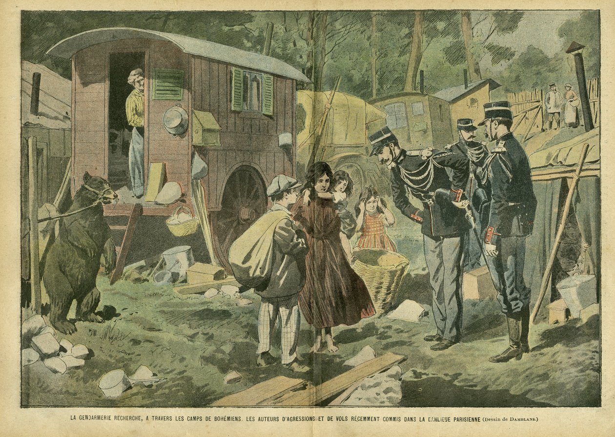 Eugene Damblans (1865-1945) illusztrációja a Le Pelerinben, 07.04.21 - A csendőrség a bohémek táborain keresztül keresi a párizsi külvárosokban nemrégiben elkövetett támadások és rablások elkövetőit - Különféle tények, Gyermekkor, Rendőrség, Misere, Insecu alkotó: Eugene Damblans