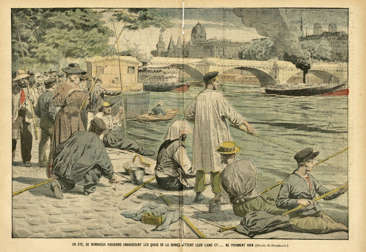 Eugene Damblans (1865-1945) illusztrációja a Le Pelerinben, 2005.06.23 - Nyáron sok párizsi megszállja a Szajna partját, és eldobja a zsinórt, és... semmit sem vesz el - Loisirs, Párizs, Fishing Pecher Pecheur, Pont , Szajna (folyó), Ete, Peniche, Canne eg alkotó: Eugene Damblans