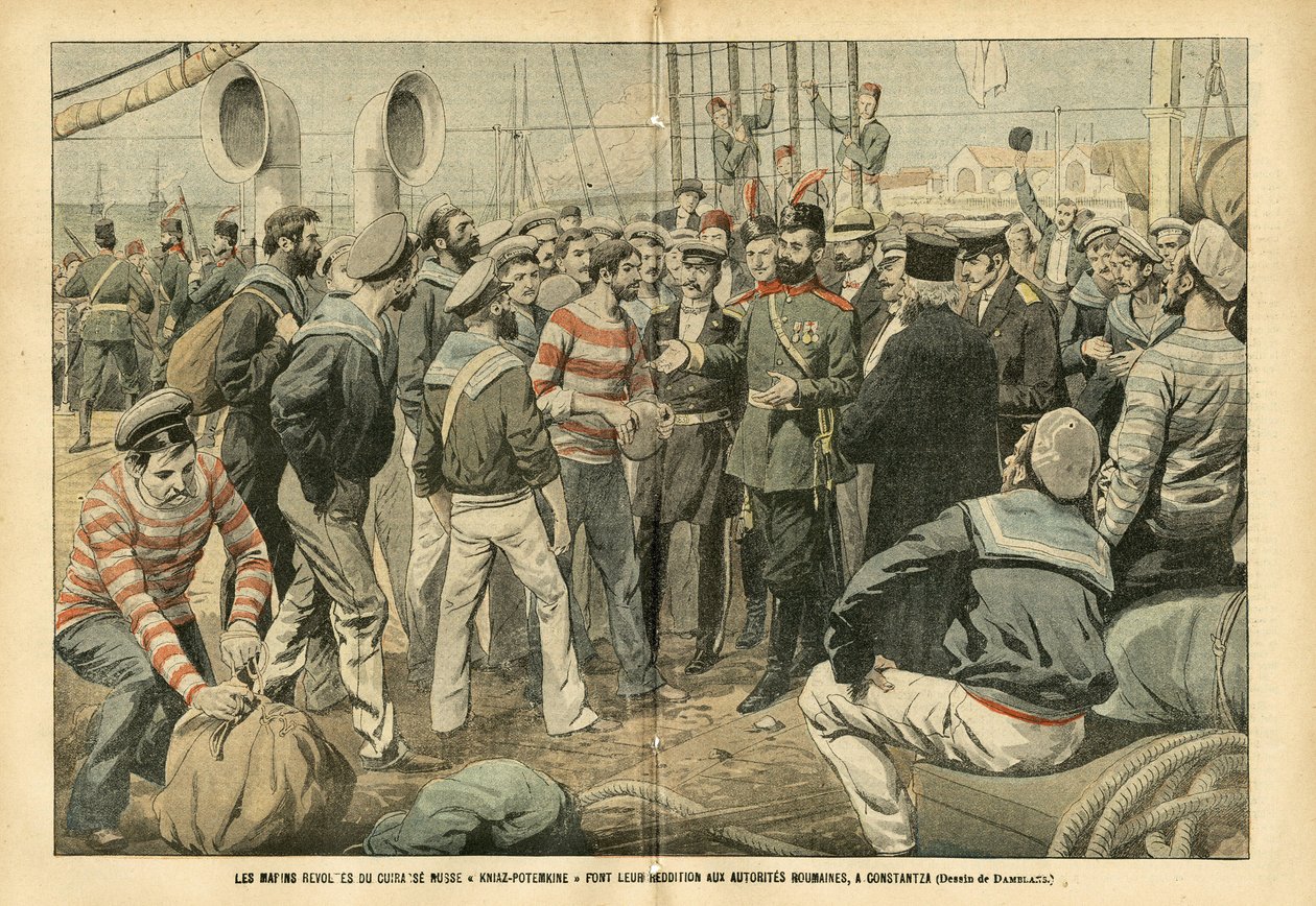 Eugene Damblans (1865-1945) illusztrációja a Le Pelerinben, 05.07.23 - A Kniaz-Potemkin orosz csatahajó lázadó matrózai megadják magukat a román hatóságoknak Konstancában - Oroszország, Tengeri Tengerpart, Románia, 1905-ös forradalom , alkotó: Eugene Damblans