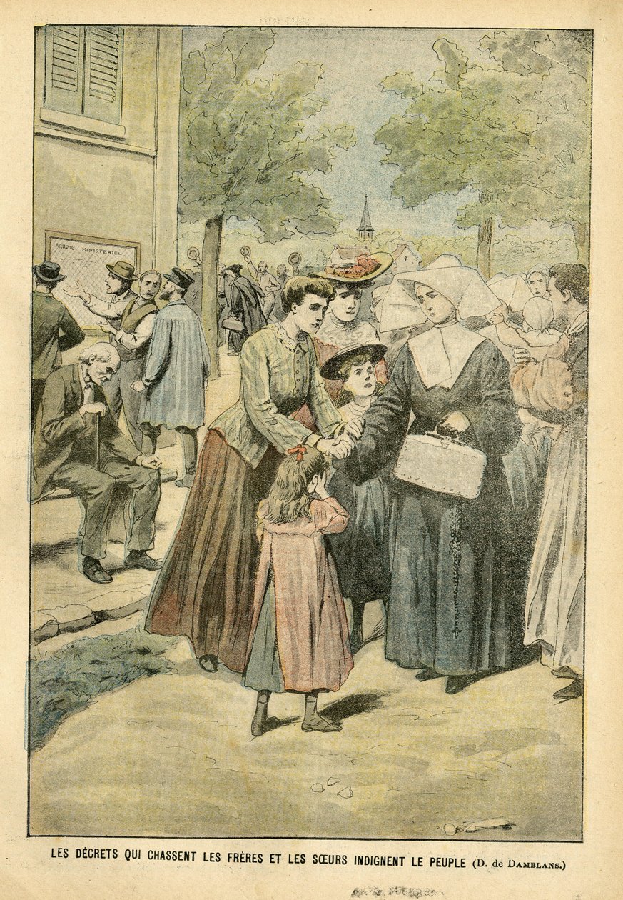 Eugene Damblans (1865-1945) illusztrációja a Le Pelerinben, 04.07.24 - A testvéreket kiszorító rendeletek felháborítják az embereket - Tanítás, valláshit, tömeg, katolikus katolicizmus - Egyház és állam szétválasztása, vallásosok kilakoltatása, Tanítani alkotó: Eugene Damblans