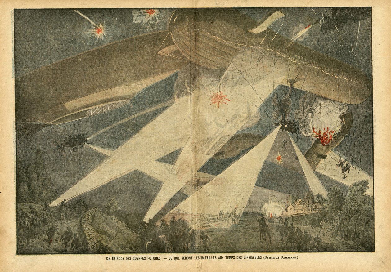 Eugene Damblans (1865-1945) illusztrációja a Le Pelerinben, 2007.11.24 - Egy epizód a jövő háborúiról - Milyen csaták lesznek a léghajók idején - Háború, léggömbök léghajók zeppelin repülőállomás, Nocturne, Harc alkotó: Eugene Damblans