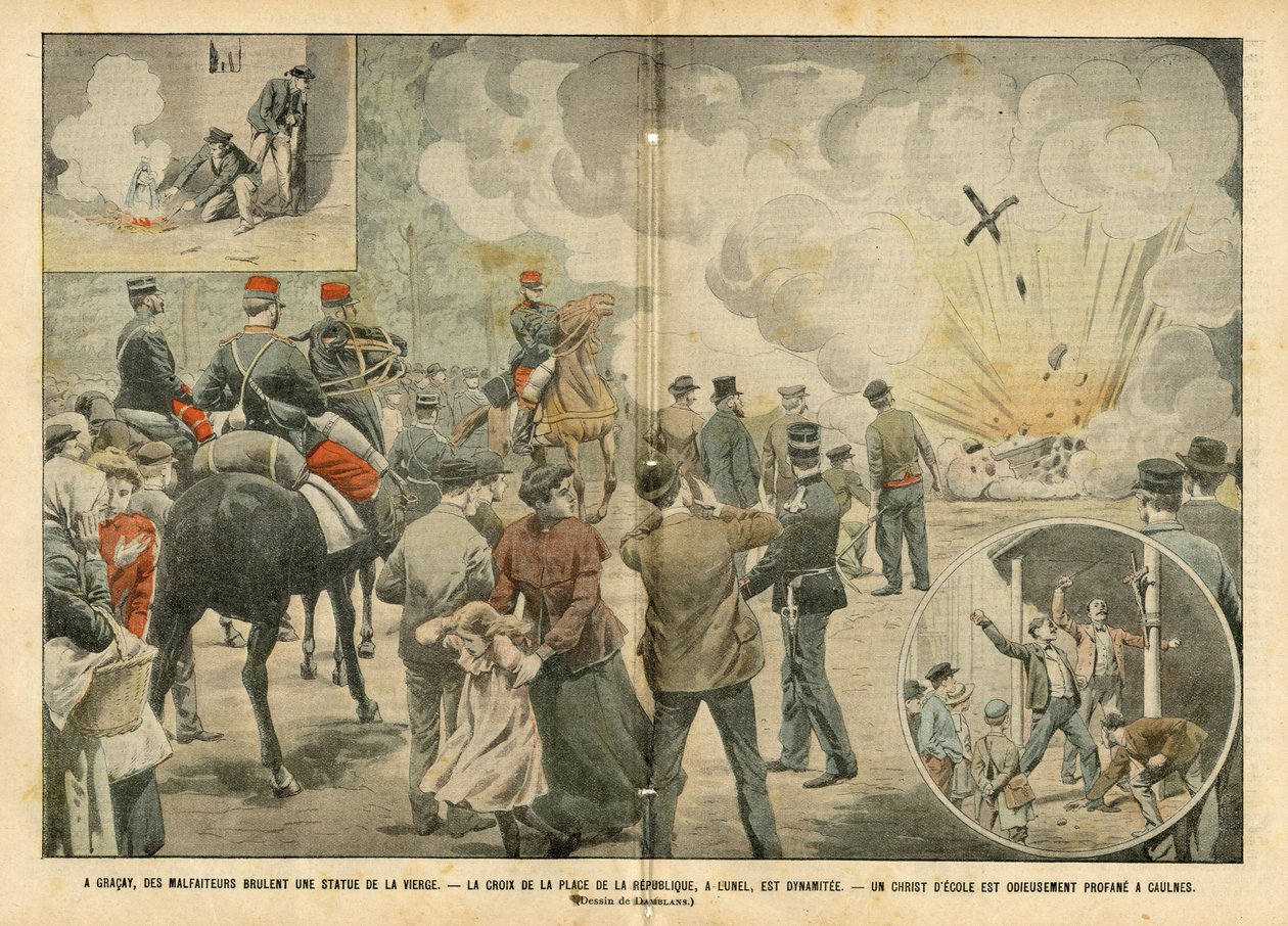 Eugene Damblans (1865-1945) illusztrációja a Le Pelerinben, 2004.09.25 - Gracayban a bűnözők felégetnek egy szűz szobrot - A Place de la Republique kérge dinamitos, az iskola Krisztusa pedig gyalázatosan profán Caulnes-ban - Antiklerikalizmus, Religion Fai alkotó: Eugene Damblans