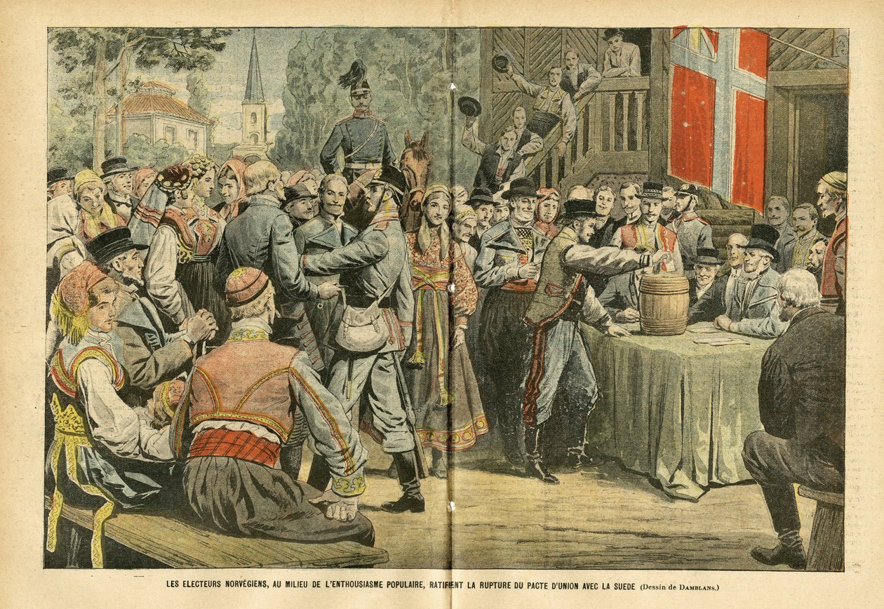 Eugene Damblans (1865-1945) illusztrációja a Le Pelerinben, 2005.08.27 - A norvég választások a népi lelkesedés közepette ratifikálják a Svédországgal kötött unió paktum feltörését - Választások, Városépítészet, Tömeg, Svédország, Norvégia - Urn alkotó: Eugene Damblans