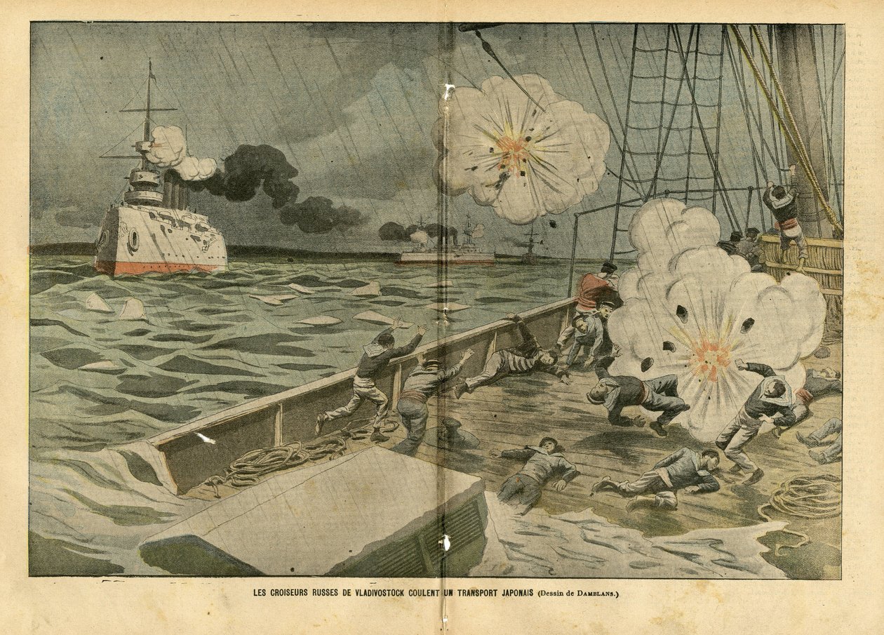 Eugene Damblans (1865-1945) illusztrációja Le Pelerinben, 04.02.28 - A vlagyivosztoki orosz cirkálók elsüllyesztenek egy japán transzportot - Armee, Maritime Marine Seaside, Orosz-Japán háború, Hadihajók, Vlagyivosztok - Tengerészek, tengerészek alkotó: Eugene Damblans