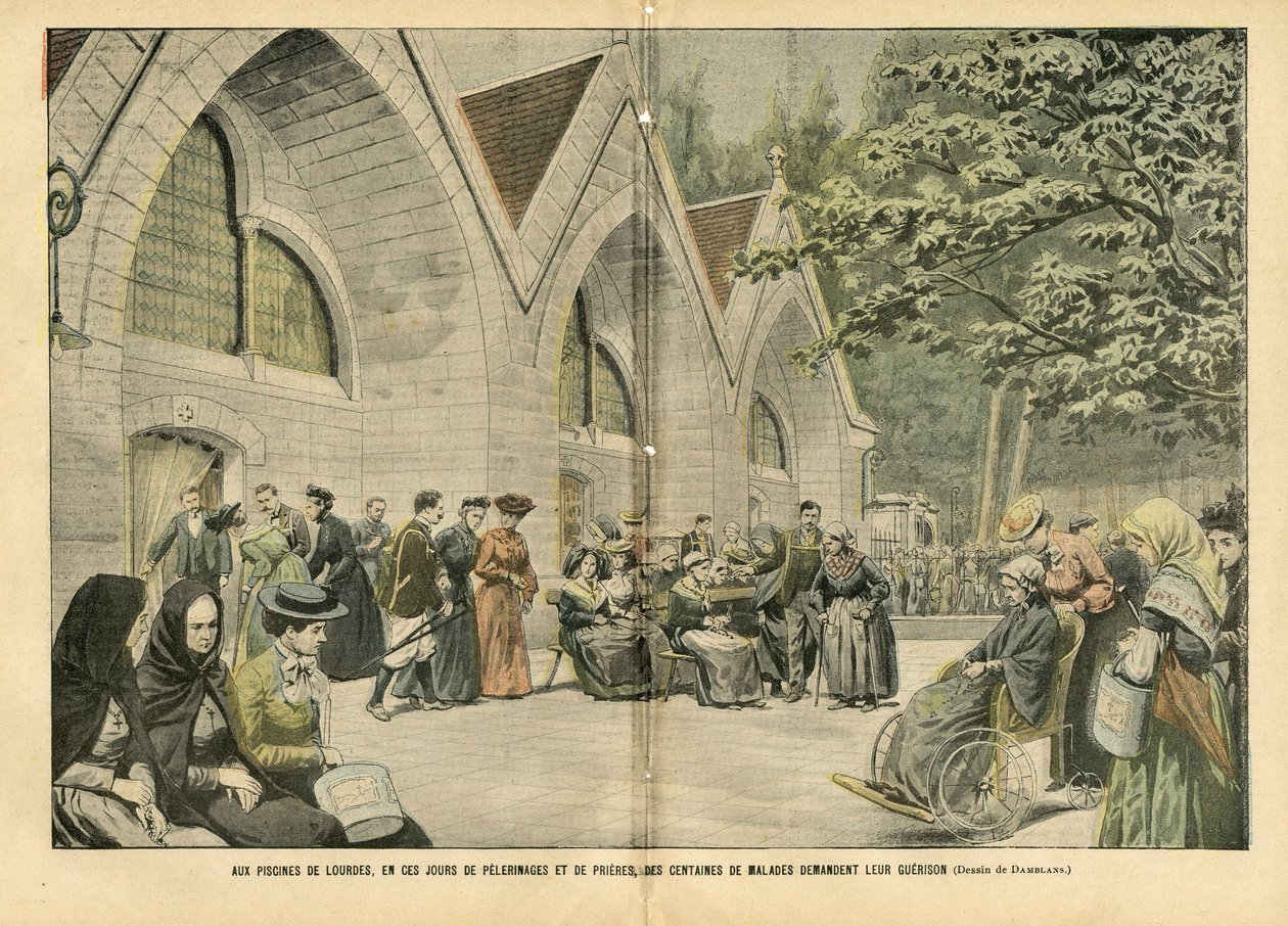 Illusztráció Eugene Damblansról (1865-1945) a Le Pelerinben, 2004.08.28. - Lourdes medencéinél, ezekben a napokban, amikor a pelerinálások és imádságok napjaiban betegek százai kérik a háborújukat - Orvosi, vallási, építészeti várostervezés , katolikus kat alkotó: Eugene Damblans