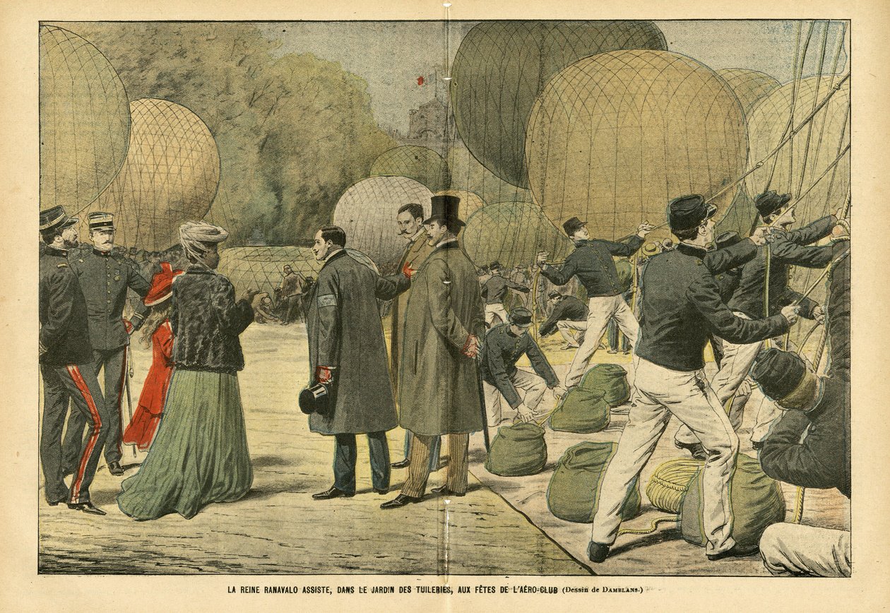 Illusztráció Eugene Damblansról (1865-1945) Le Pelerinben, 2005.10.29 - Ranavalo királynő részt vesz az Aero-Club bulin a Tuileries Gardenben - Balloons airships zeppelins aerostation, Párizs, Madagaszkár, Public Garden, Foreign Sovereigners, Tuileries - R alkotó: Eugene Damblans