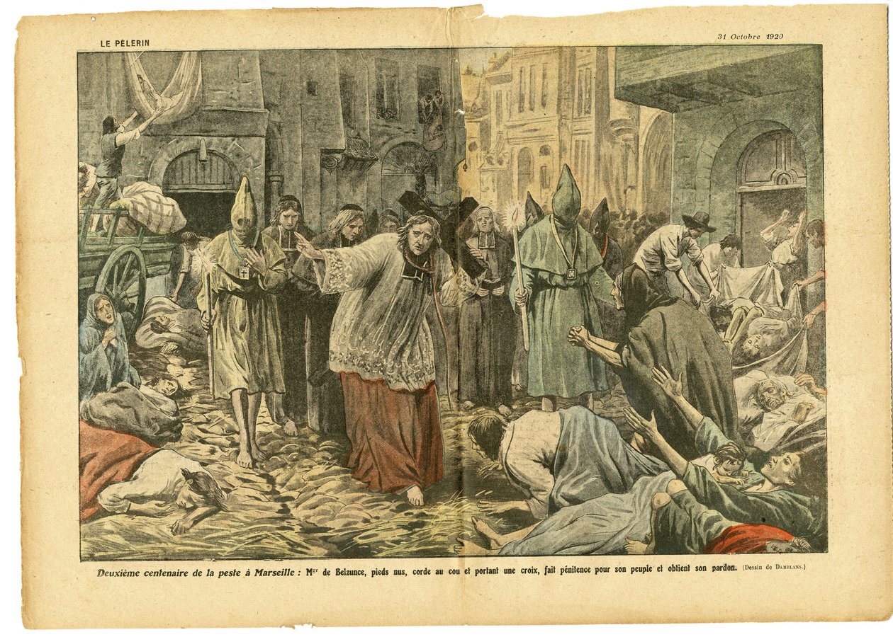 Eugene Damblans (1865-1945) illusztrációja a Le Pelerinben, 20.10.31. - A pestisjárvány második századik évfordulója Marseille-ben - Orvosi, Vallási Hit, Marseille, Pestis, Katolikus Katolicizmus - Körmenet alkotó: Eugene Damblans