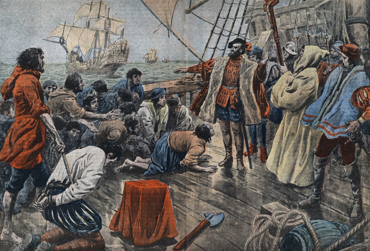 Illusztráció Ferdinand de Magellan legénységéről, amint hűséget esküdnek neki egy kereszten egy sikertelen zendülést követően – Fernand de Magellan (1480-1521), portugál navigátor csillapítja legénységének egy lázadását, és miután megbocsátott neki, hűsége alkotó: Eugene Damblans
