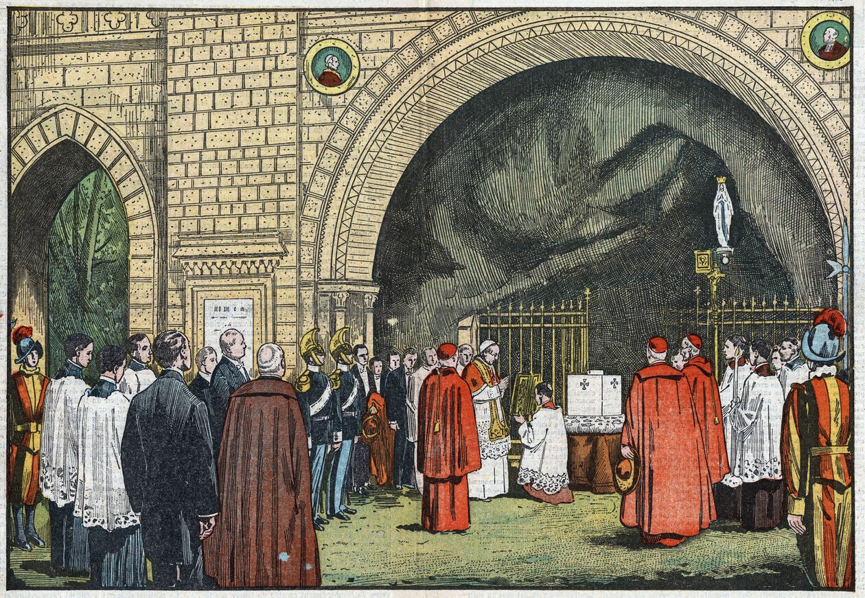 A „Grotto de Lourdes” előtt, a Vatikán kertjében XI. Pius pápa megáldotta a Propaganda Kollégium első kövét, amely a Janikulán emelkedik majd. Damblans illusztráció. A „Le Pelerin” június 3-án alkotó: Eugene Damblans