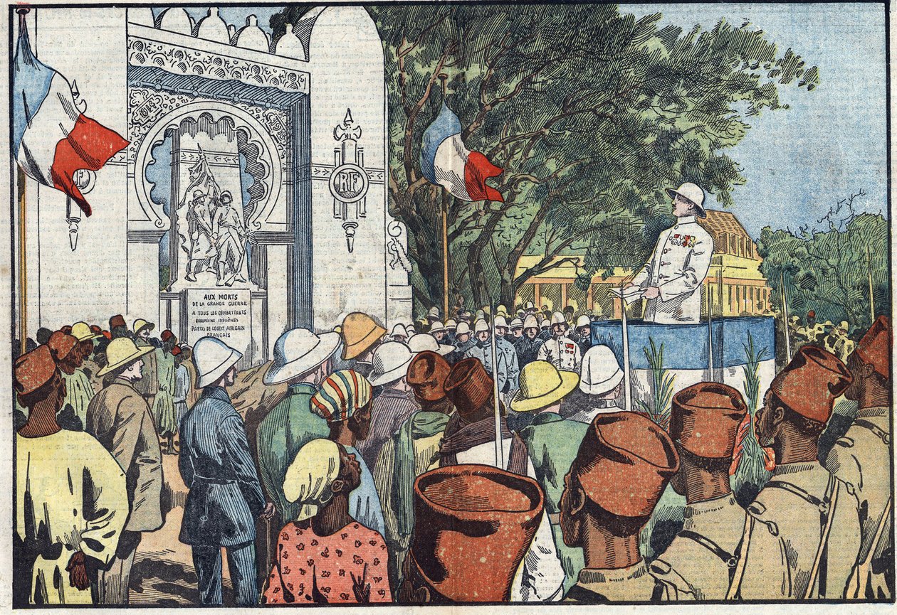 Andre Maginot (1877-1932), gyarmatügyi miniszter Dakarban felavatták a francia Nyugat-Afrika harmincezer halottjának emlékművét. Damblans illusztráció. A március 10-i „” Le Pelerin”-ben alkotó: Eugene Damblans