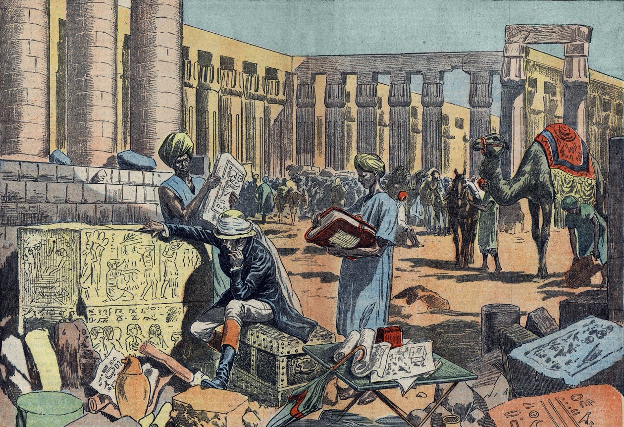 Jean Francois (Jean-Francois) Champollion (1790-1832), francia egyiptológus, egy feliratot tanulmányoz Théba oszlopsorai között. Metszet 1923-ból. Damblans rajza. alkotó: Eugene Damblans