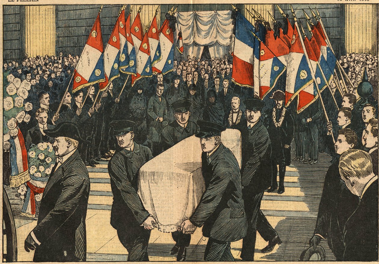 Maurice Ridart obsequei, akiket rendőrök öltek meg a párizsi La Madeleine templomban. Az Ifjúsági Hazafiak zászlói tisztelegnek koporsója előtt. Damblans illusztráció. Az április 18-i „” Le Pelerin”-ben alkotó: Eugene Damblans