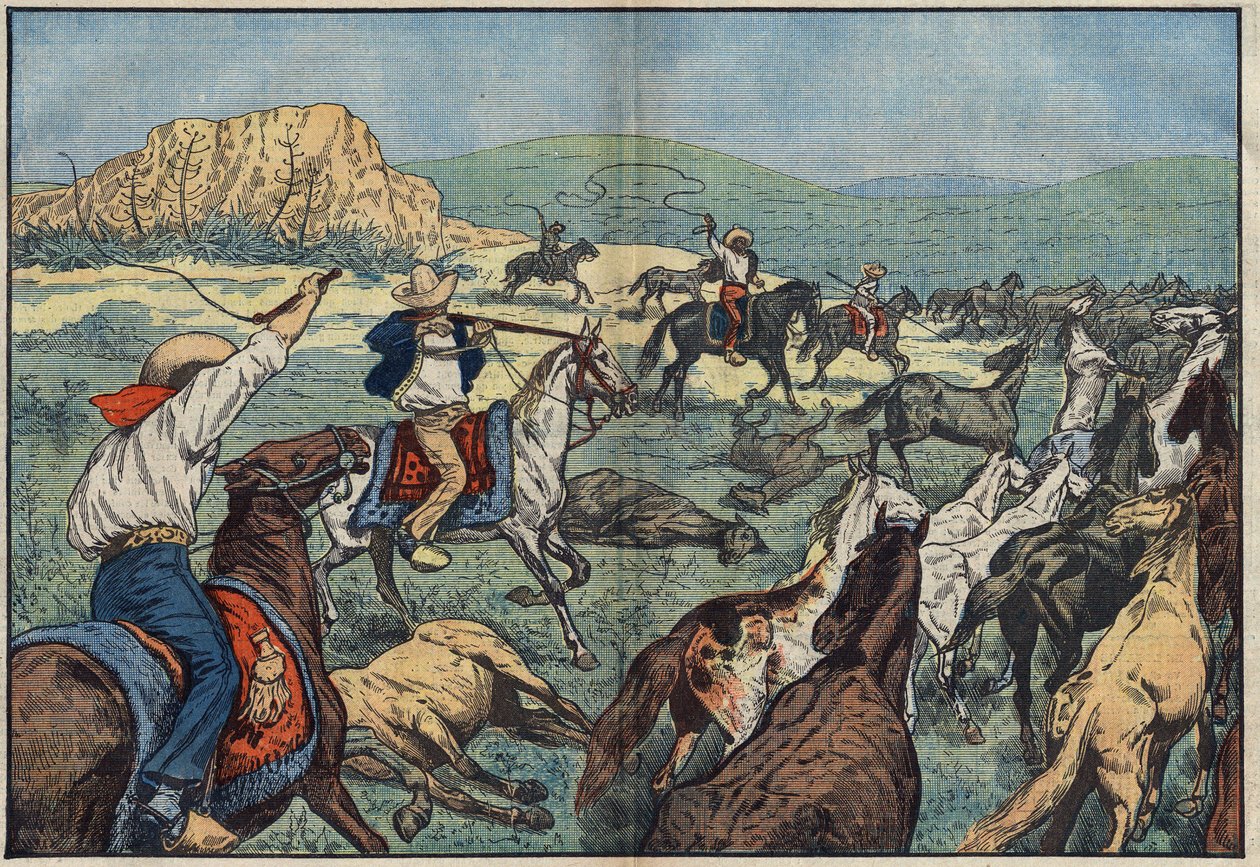 A mexikói farmerek vadlovakra lőnek, hogy elkerüljék országukban az élelemhiányt. El Paso Plains, Mexikó. Damblans illusztráció. Október 6-i „” Le Pelerin”-ben alkotó: Eugene Damblans