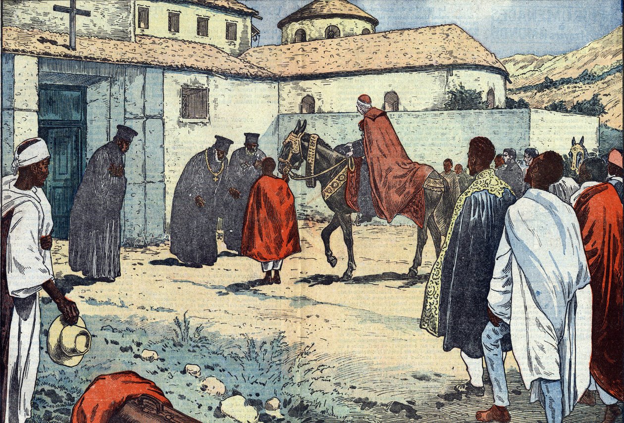 Monsignort Lepicier Mária szerviták rendjéből, Tarsus érsekét a debre-bizeni kopt kolostorban fogadták Abesszíniában (Etiópia) tett apostoli látogatás alkalmával. Damblans illusztráció. Augusztus 21-i "" Le Pelerin" -ben alkotó: Eugene Damblans